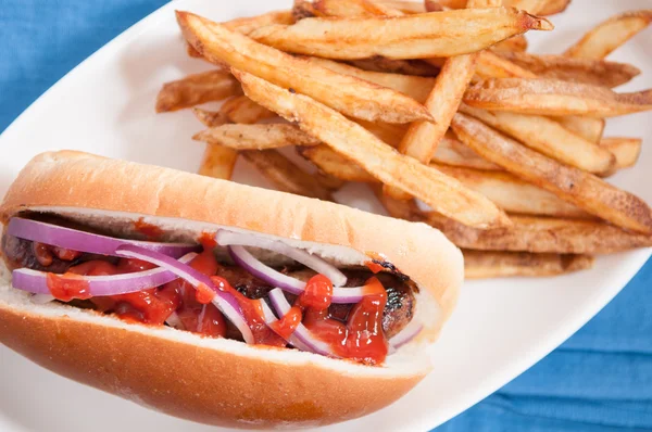 Bratwurst and crispy fries