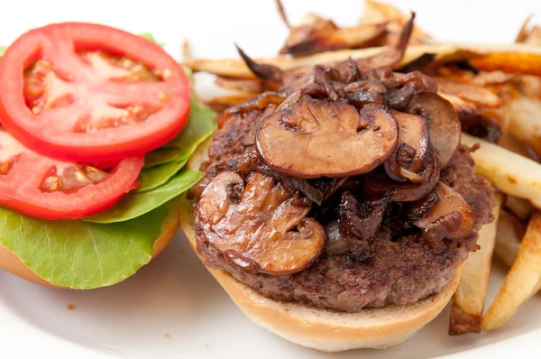 Mushroom burger, fries and gravy