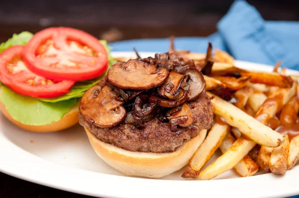 Mushroom burger, fries and gravy