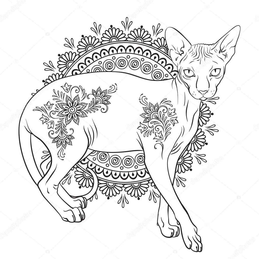 Coloring book pages sphynx cat with mehndi ornaments isolated vector