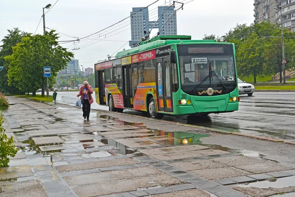 KALININGRAD, RUSSIA - JUNE 21, 2016: The trolleybus costs at a stop, Moskovsky Avenue