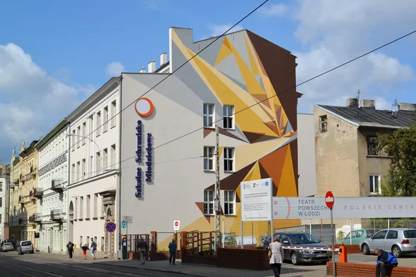 City landscape from graffiti on the building. Poland, Lodz