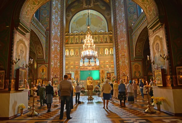 PETERHOF, RUSSIA - JULY 24, 2015: Believers stand on church serv