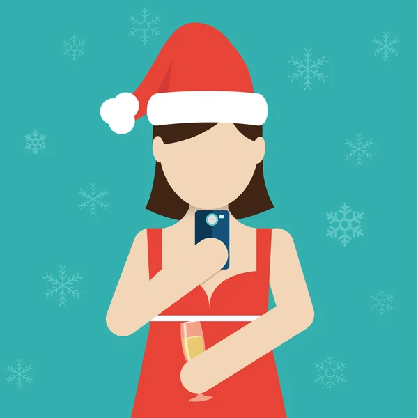 Woman in evening dress with champagne glass and Santa hat making selfie, Christmas , New year eve