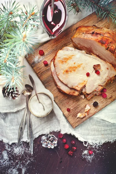 Homemade roasted pork for Christmas dinner, with seasonings