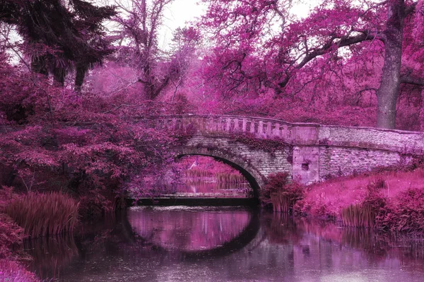Stunning infrared landscape image of old bridge over river in co