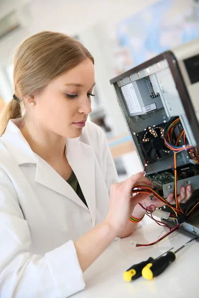 Girl fixing computer hard drive