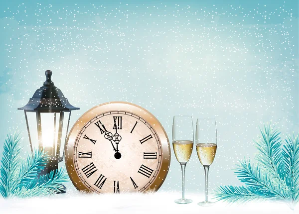 Holiday retro background with champagne glasses and clock . Happ