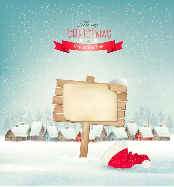 Holiday Christmas background with a village and a sign. Vector.