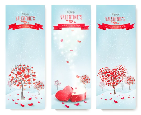 Holiday retro banners. Valentine trees with heart-shaped leaves.