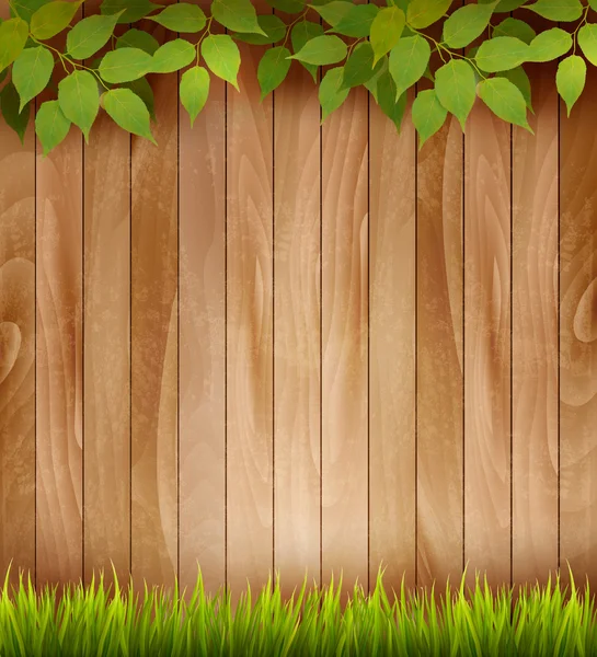 Natural wooden background with leaves and grass. Vector.