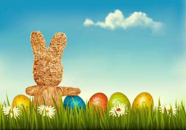 Retro holiday Easter background with straw rabbit and colorful e