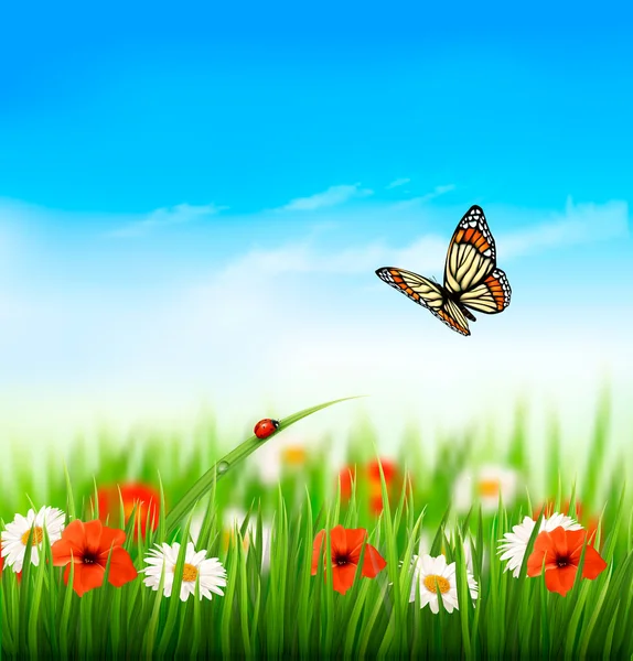 Nature summer colorful flowers with butterfly. Vector illustrati