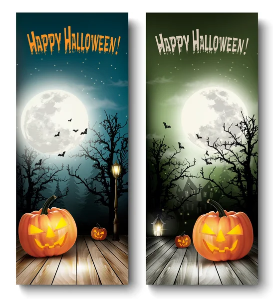 Two Holiday Halloween Banners with Pumpkins and Moon. Vector