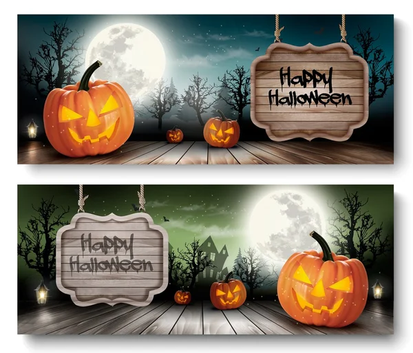 Two Holiday Halloween Banners with Wooden Sign. Vector