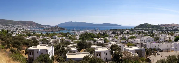 View from the coast town of Bodrum, whitewashed architecture in Turkey\'s popular summer resort town located by the Aegean sea, Turkish Riviera