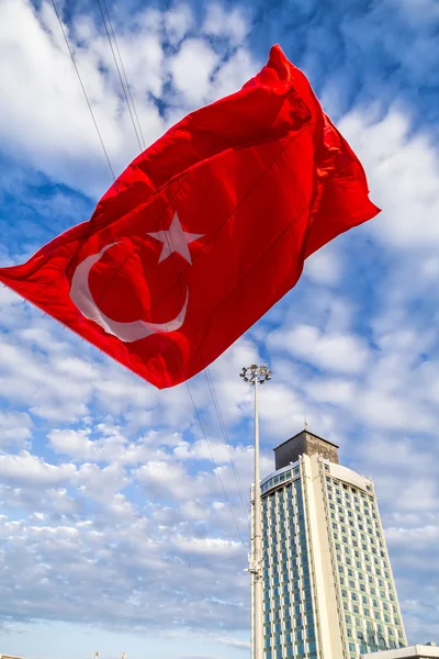 Turkish people gathering and waving flags at Taksim Square. The meetings were called Duty for Democracy after the failed July-15 coup attempt of Gulenist militants.