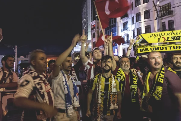 Turkish people and football clubs supporters at Taksim Square. The meetings were called Duty for Democracy after the failed July 15 coup attempt of Gulenist militants.