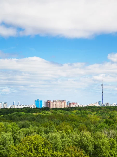 Forest and city on horizon under cloudy blue sky
