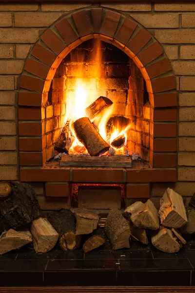 Wooden logs and fire in fireplace