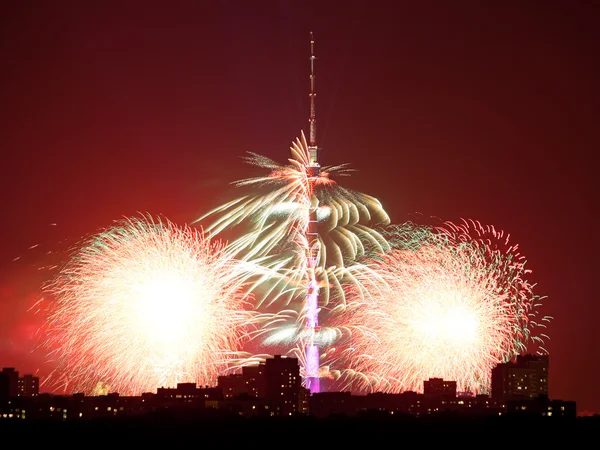 Bright fireworks near Ostankino TV Tower in Moscow
