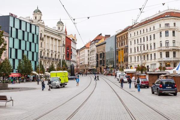 People on Rasinova street in Brno