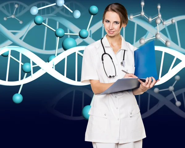 Doctor in white coat and dna molecule formula