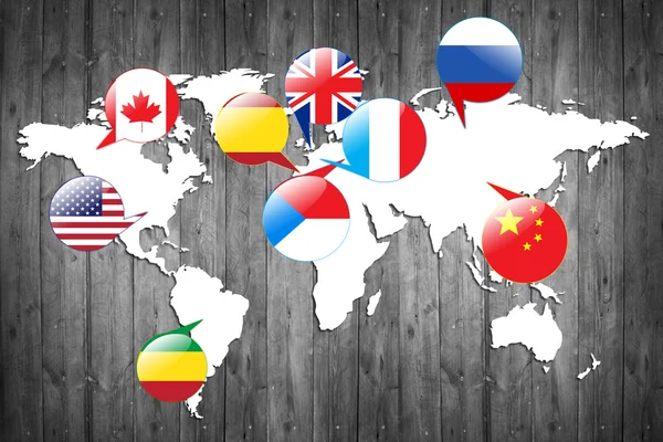 Flags of different countries on the white map.