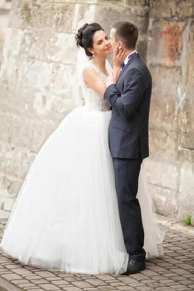 Beautiful bride and groom embracing and kissing on their wedding