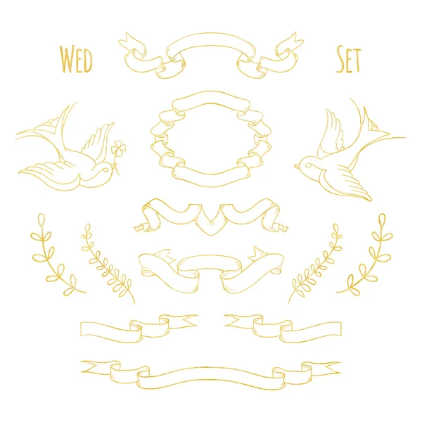 Set of gold ribbons and decorative elements with the foil texture
