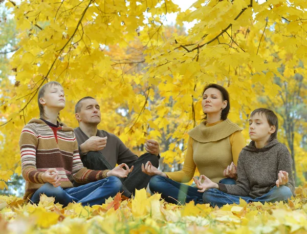 Family meditate in autumn forest