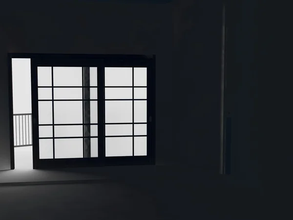 Black room, night, big window,