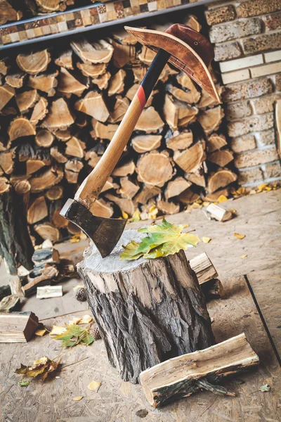 Hatchet sticking on stump in janitor hat hanging on handle