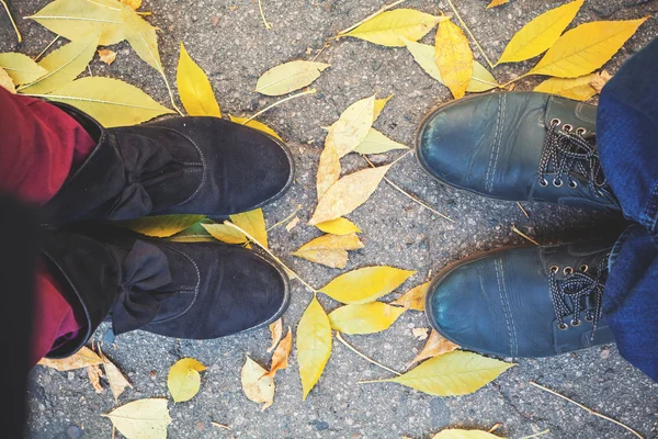 Autumn romance. Legs of man and woman on fallen leaves