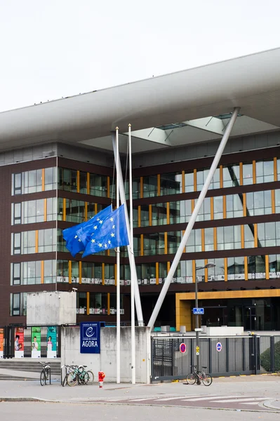 European Union Flag flies at half-mas Agora building