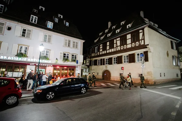 Military soliders patrol the center of Strasbourg