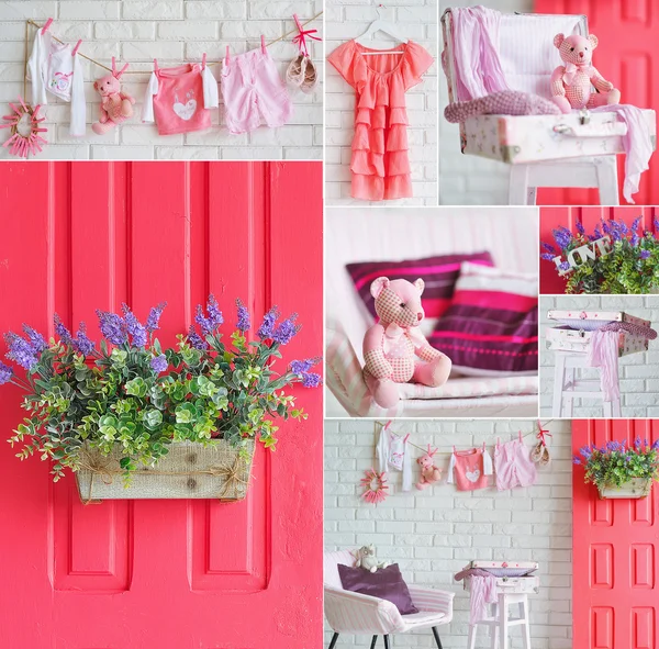 Collage with pink interior decoration elements