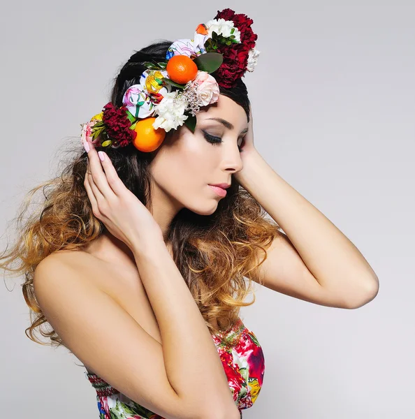 Beautiful woman portrait in handmade flower crown