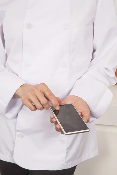 Chef hands using screen blank phone