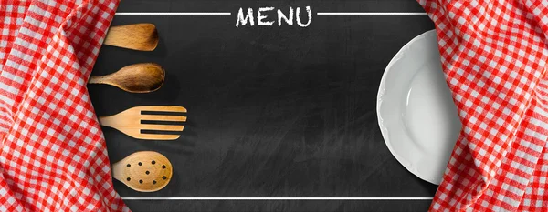 Menu - Blackboard with Kitchen Utensils and Plate