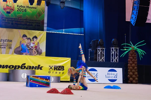 Children compete in international competitions on sport gymnastics \