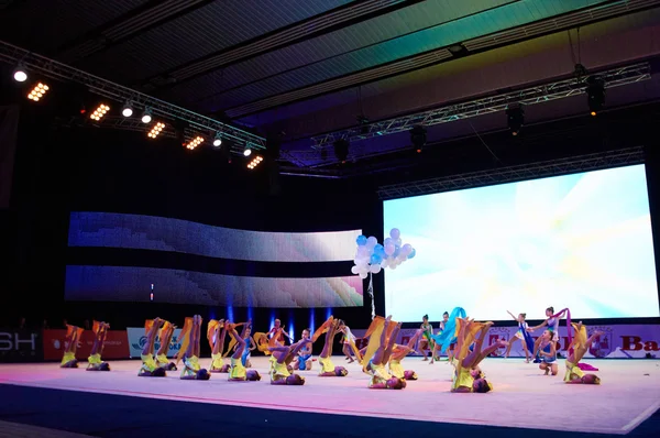 MINSK, BELARUS DECEMBER 05: unidentified gymnast from \' Ranak\' participate with \'Rainbow Tale\'  in \'Baby Cup - BSB Bank\' children\'s competitions in gymnastics , 05 December 2015 in Minsk, Belarus.