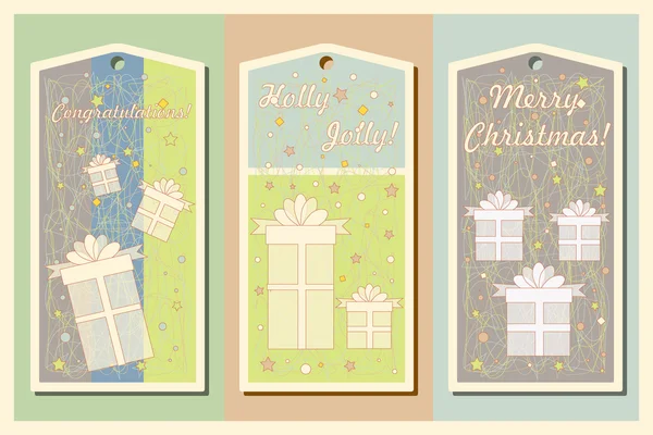 Vintage Christmas and Happy New Year holiday cards set with present boxes. Happy holidays set of tags and bookmarks. Vector illustration.