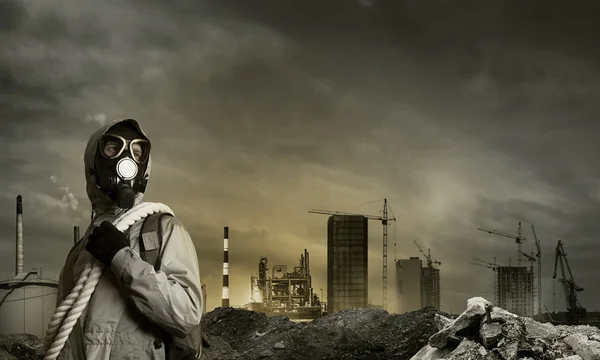 Man survivor in gas mask