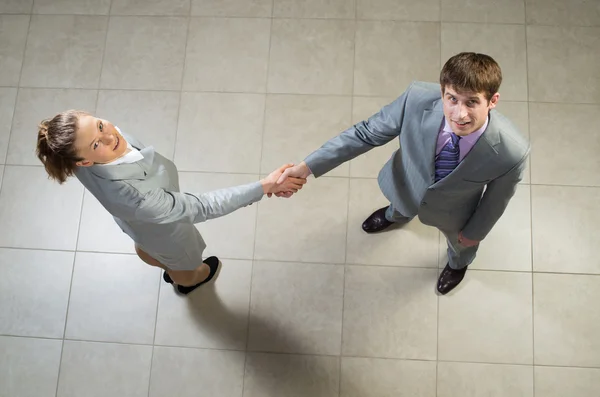 Business woman and businessman shaking hands