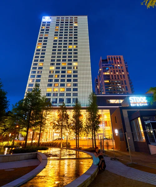 Warsaw, Poland - May 25, 2016: Night view of Hilton Hotel on the European - Europejski - Square.