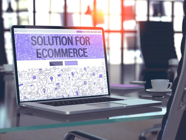 Solution for E-Commerce on Laptop in Modern Workplace Background.