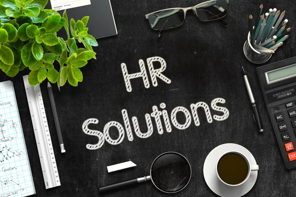 HR Solutions - Text on Black Chalkboard. 3D Rendering.