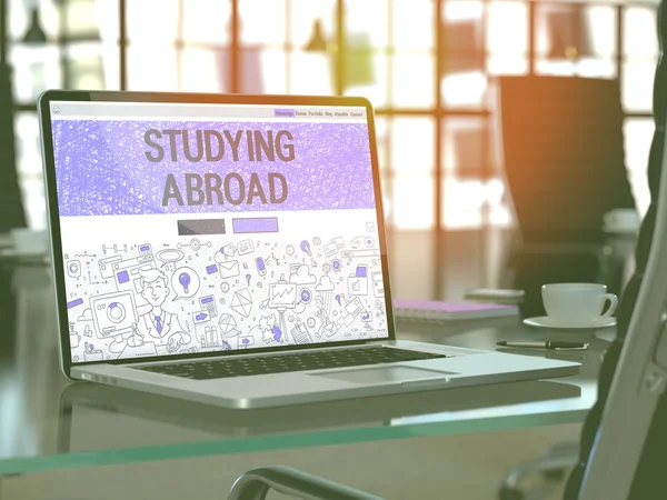 Laptop Screen with Studying Abroad Concept. 3D Illustration.