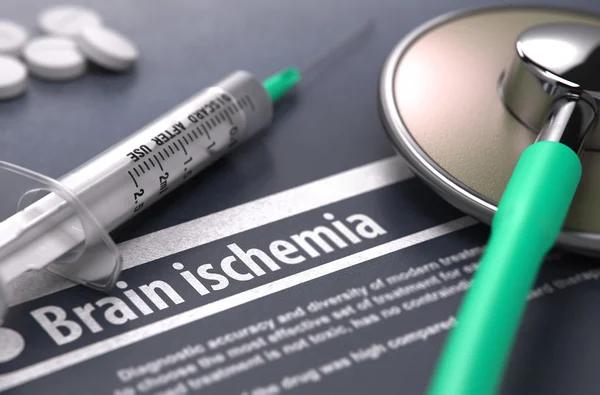 Brain ischemia - Printed Diagnosis on Grey Background.